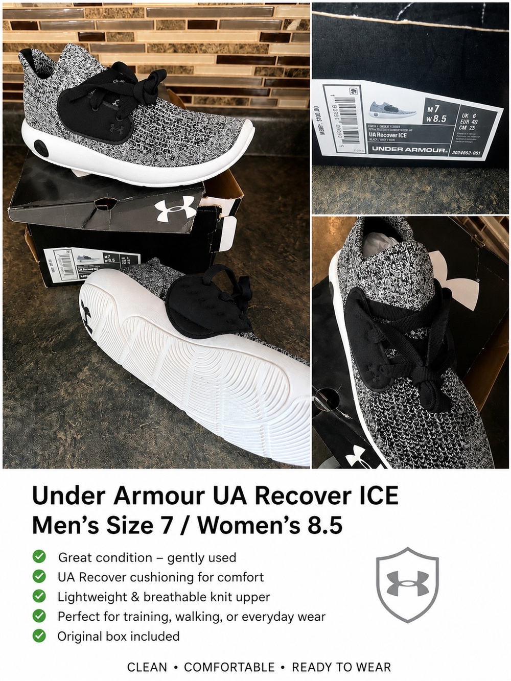 Under Armour Men’s Black & White Knit Recover ICE Sneakers